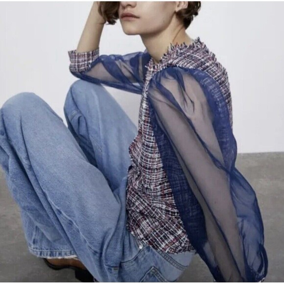 Zara Woman Size M Tweed Organza Puff Sleeve Blouse Boho Grunge Peasant Festival - Picture 2 of 13